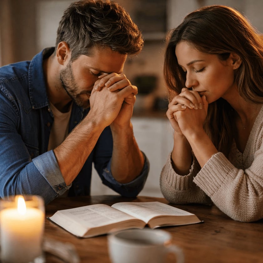 Homem e mulher de mãos unidas e olhos fechados rezando à mesa, com Bíblia aberta.