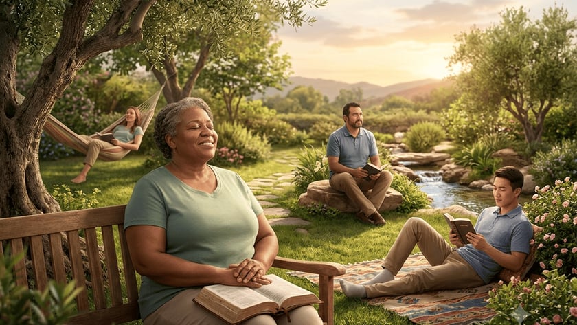 Três pessoas leem a Bíblia ao ar livre, em um jardim com riacho.