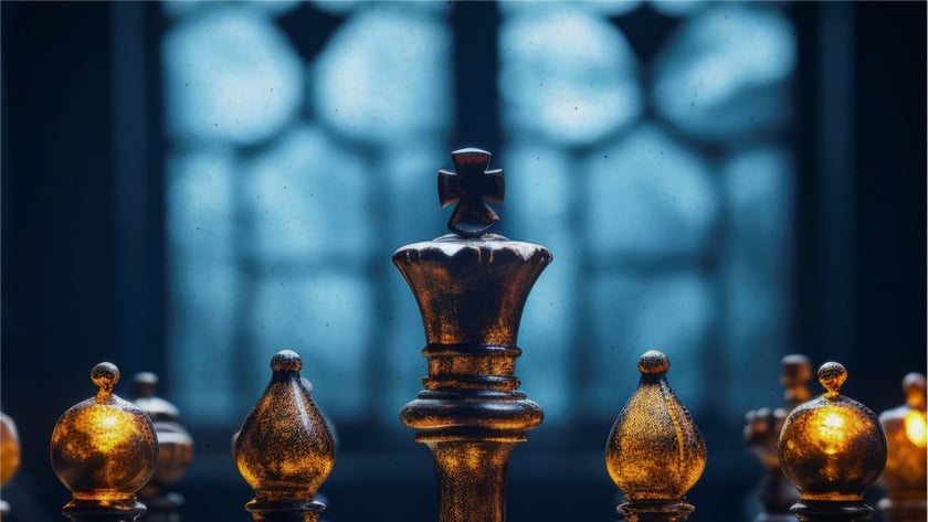 Rei de xadrez preto entre bispos e peões escuros sobre um tabuleiro, diante de uma janela.