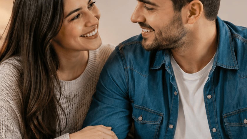 Casal sorri um para o outro no sofá, com um livro aberto no colo.