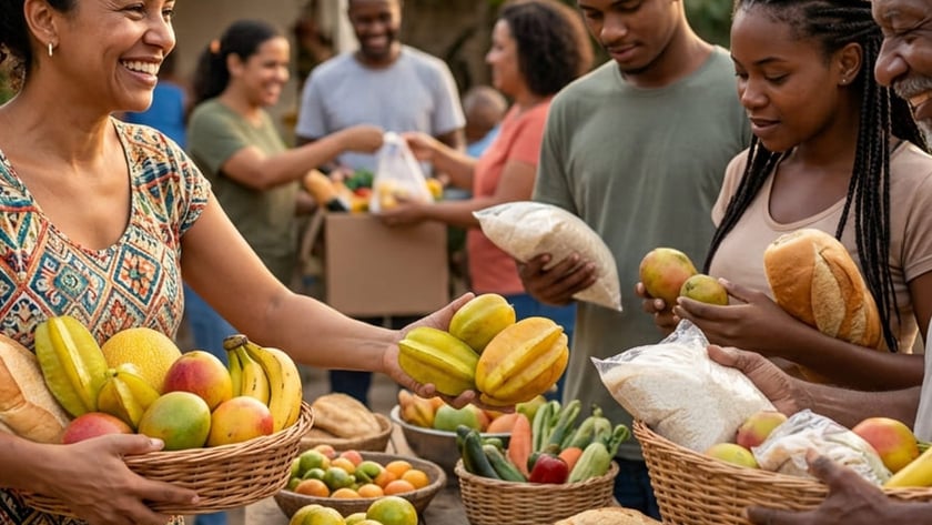Mulher oferece carambolas a pessoas em distribuição de alimentos diante de "COMMUNITY CENTER".