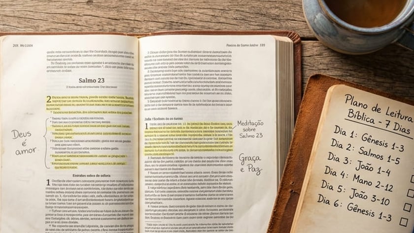 Bíblia aberta no Salmo 23, caneca de chá e caderno com "Plano de Leitura Bíblica - 7 Dias".