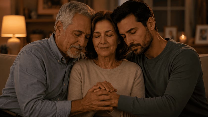 Casal de idosos de olhos fechados, abraçados no sofá, com as mãos unidas sobre o colo.