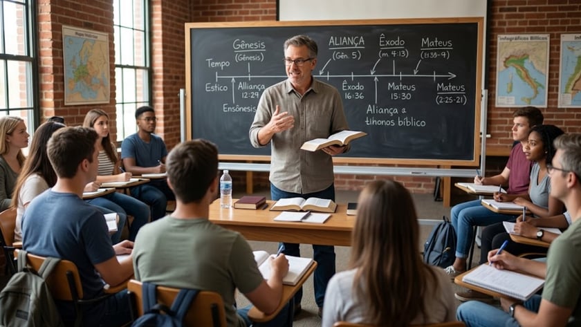 Professor com uma Bíblia na mão ensina alunos que fazem anotações, diante de um quadro-negro com