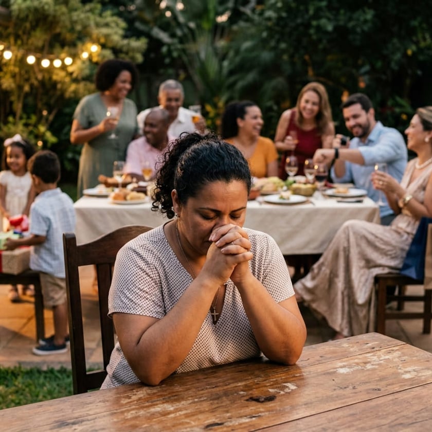 Mulher de mãos juntas e olhos fechados à mesa, enquanto família festeja ao fundo.