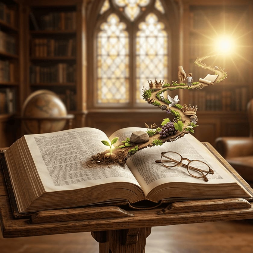 Livro aberto num atril com óculos e um caminho sinuoso com coroas, pomba e uvas.