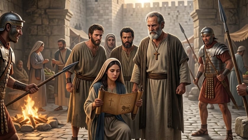 Mulher ajoelhada segura um pergaminho diante de homens e soldados romanos armados sob um arco