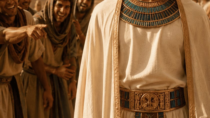 Jovem de manto branco e colar azul em um templo egípcio, com faraó atrás.