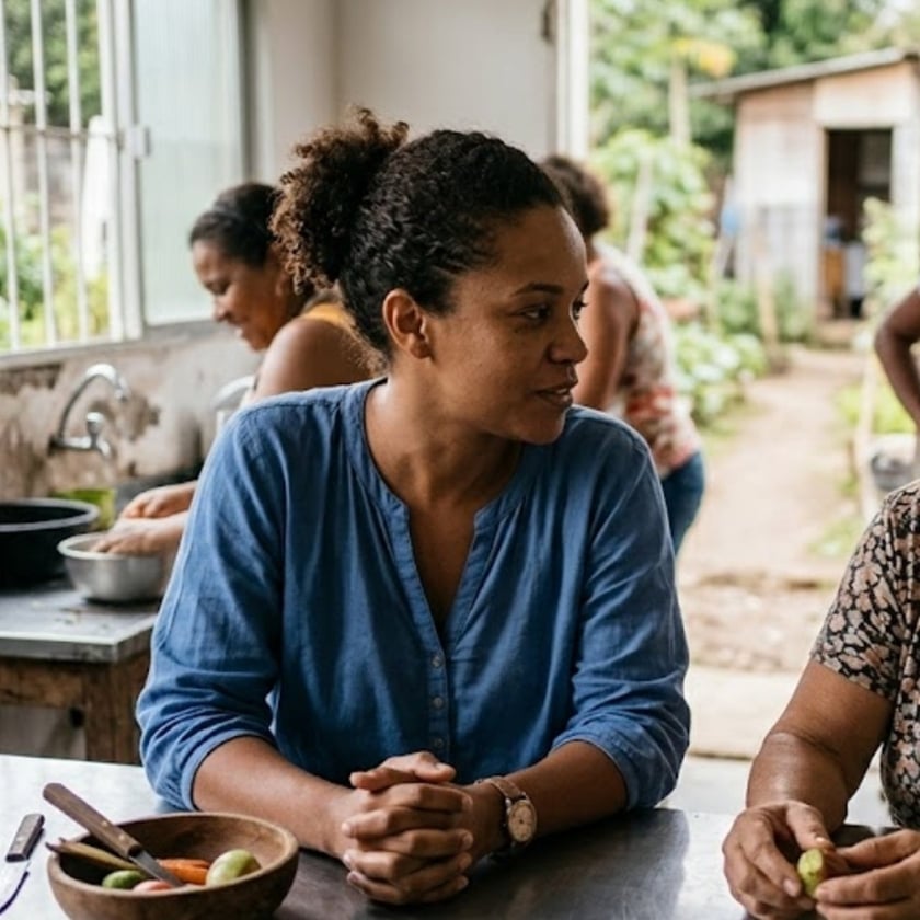 Mulher de blusa azul sentada à mesa numa cozinha aberta, com outras mulheres ao fundo.