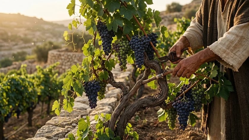 Agricultor de túnica rústica poda uma videira carregada de uvas em terraço de pedra