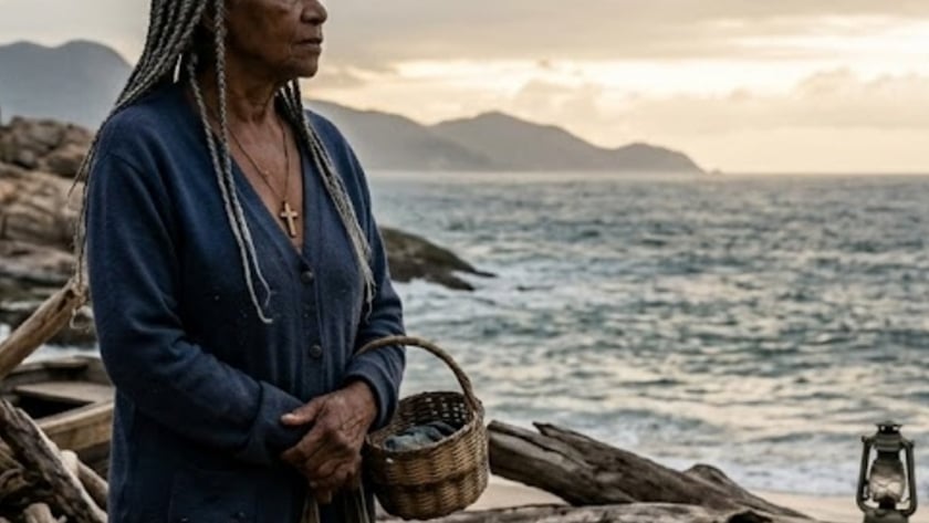 Idosa de tranças grisalhas segura cesta e bolsa numa praia com troncos secos.