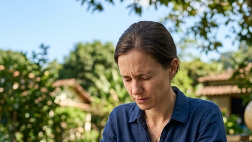 Mulher de camisa azul ora com as mãos unidas diante de uma Bíblia aberta.