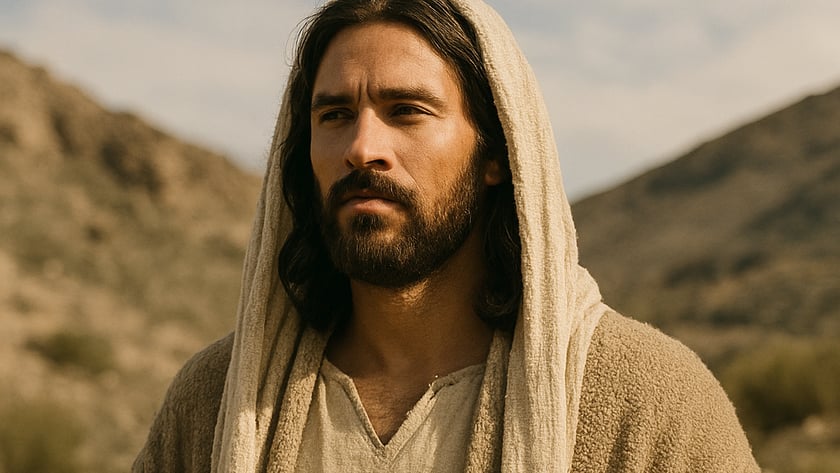 Homem de barba e cabelo longo, com capuz claro e manto bege, em paisagem montanhosa.