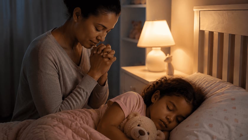 Mulher de mãos juntas e olhos fechados ao lado de uma menina dormindo abraçada a um ursinho.