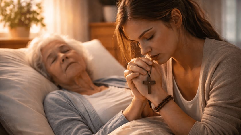 Jovem reza com um crucifixo ao lado de uma idosa deitada na cama.