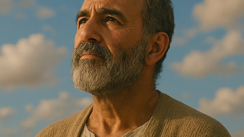 Homem de barba grisalha e túnica bege olha para o alto sob céu azul.