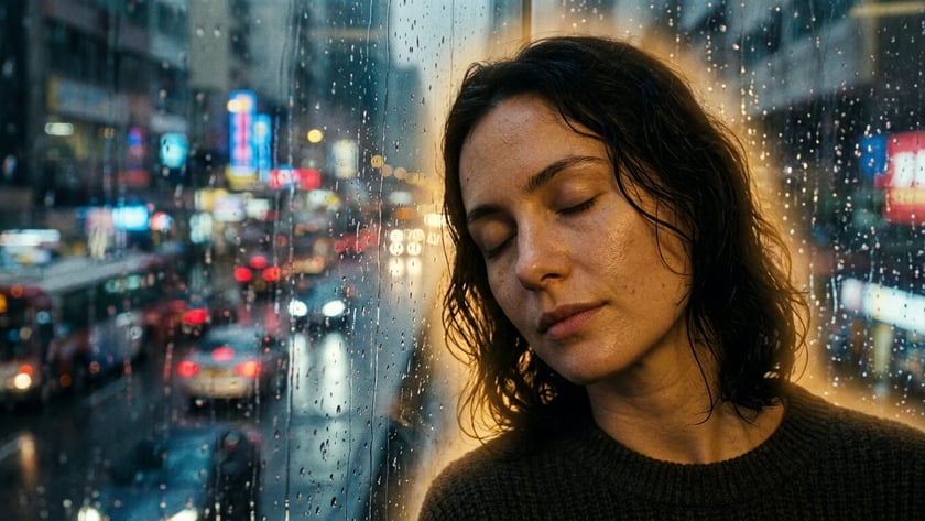 Mulher de cabelo escuro e molhado, olhos fechados, encosta o rosto em vidro com gotas de chuva.