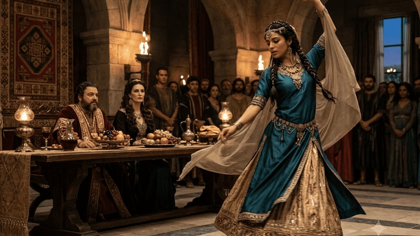 Mulher de vestido azul dança em salão de pedra diante de convidados à mesa.