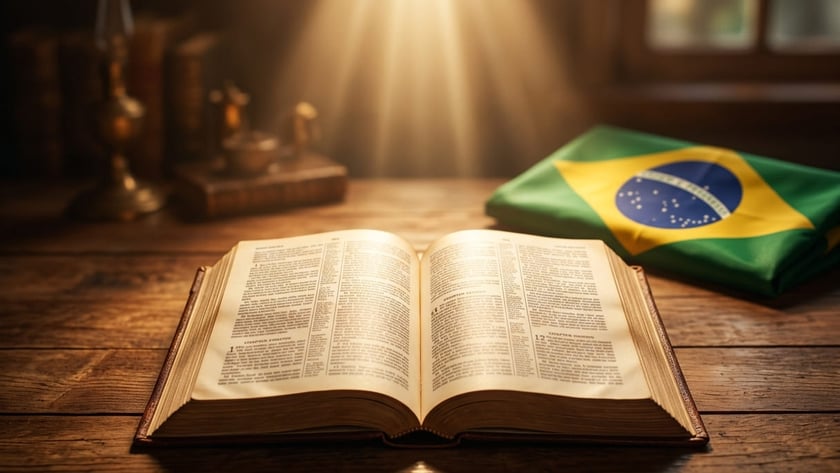 Bíblia aberta sobre mesa de madeira, ao lado de uma bandeira do Brasil dobrada.