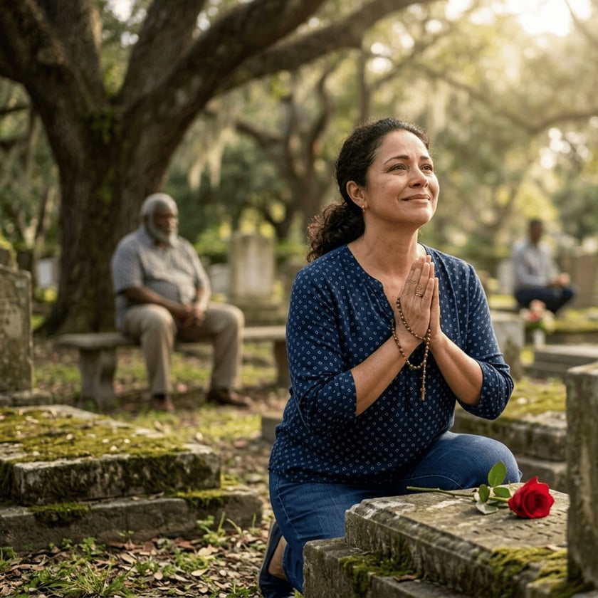 Mulher ajoelhada com um terço entre as mãos junto a um túmulo com uma rosa vermelha.
