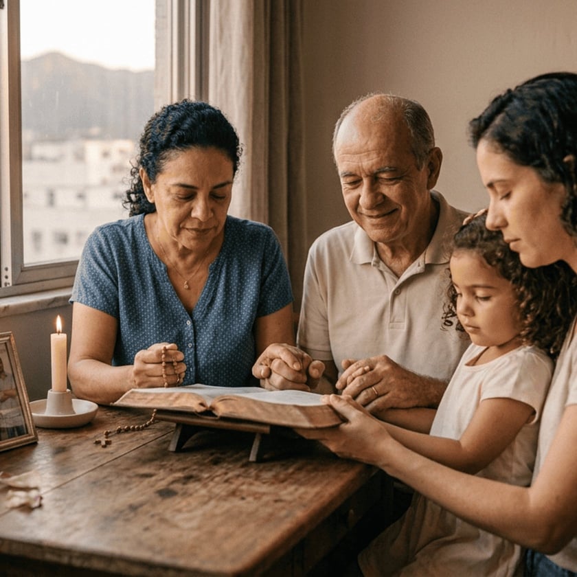 Família de três gerações reza junto à mesa, com Bíblia aberta, terço e vela.