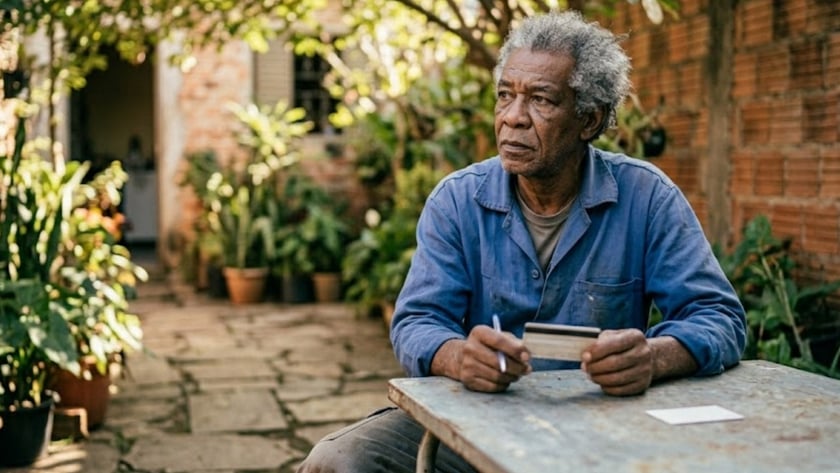 Homem de camisa azul sentado junto a uma mesa em um pátio com muitas plantas.