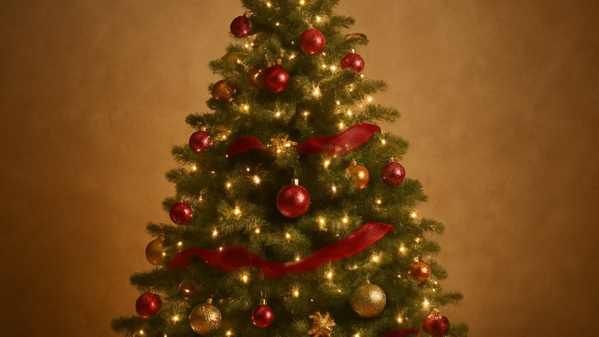 Árvore de Natal com luzes, bolas vermelhas e douradas, fitas vermelhas e estrela dourada no topo.