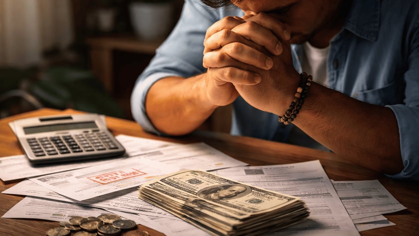 Homem com as mãos unidas no rosto diante de contas, calculadora, notas de dólar e moedas.
