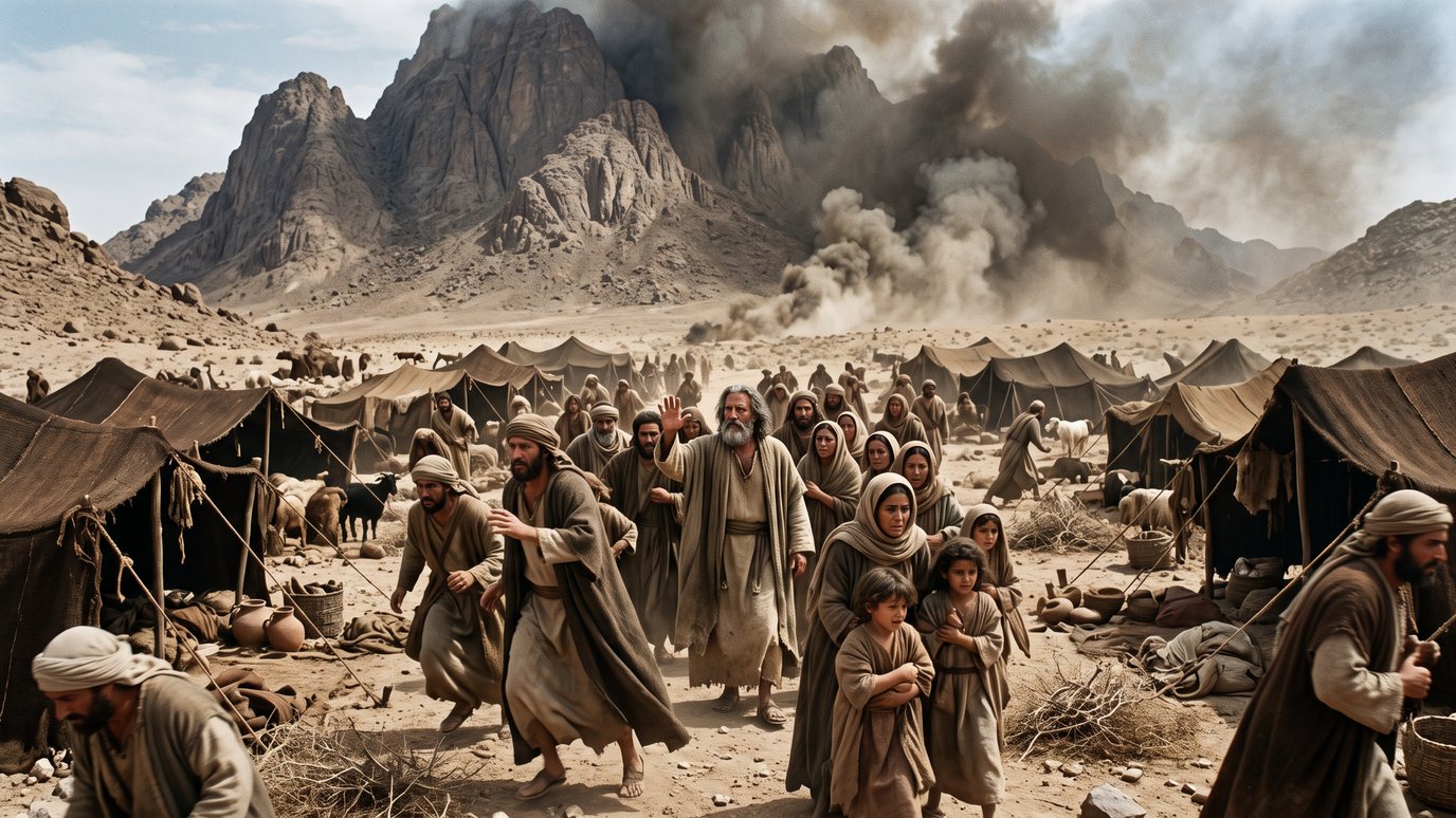 Multidão em trajes antigos foge de um acampamento de tendas no deserto, com fumaça nas montanhas.