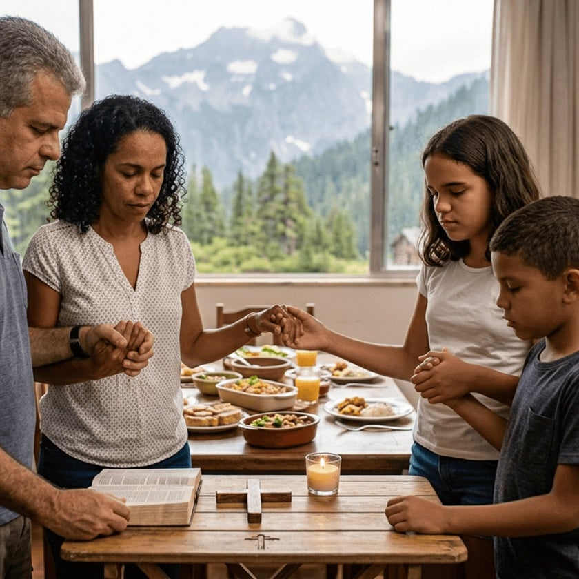 Família de quatro pessoas de mãos dadas rezando ao redor de uma mesa com comida.