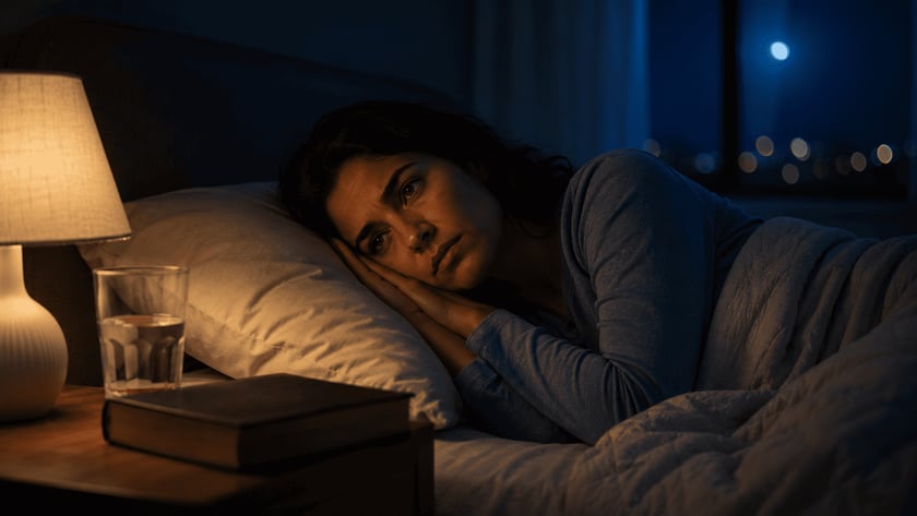 Mulher deitada na cama, de olhos abertos, ao lado de abajur aceso, copo d'água e livro.
