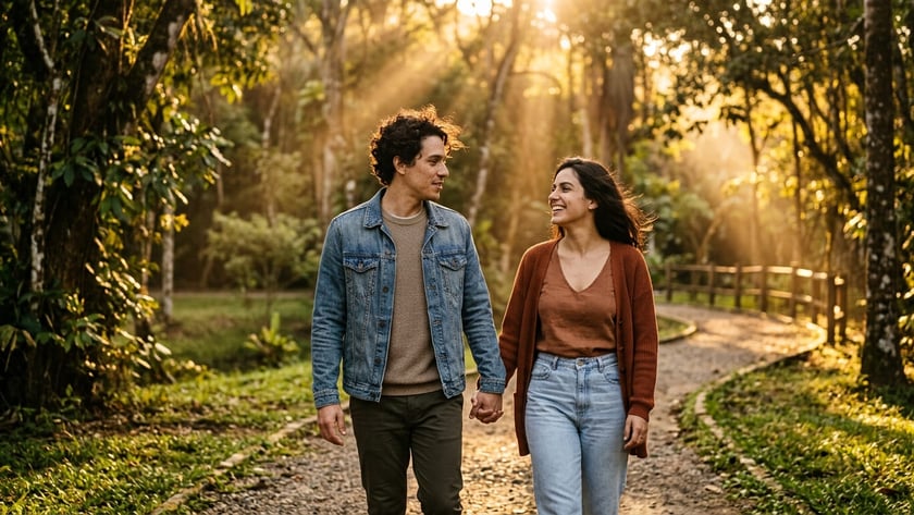 Casal de mãos dadas caminha sorrindo por uma trilha de cascalho em um parque arborizado.