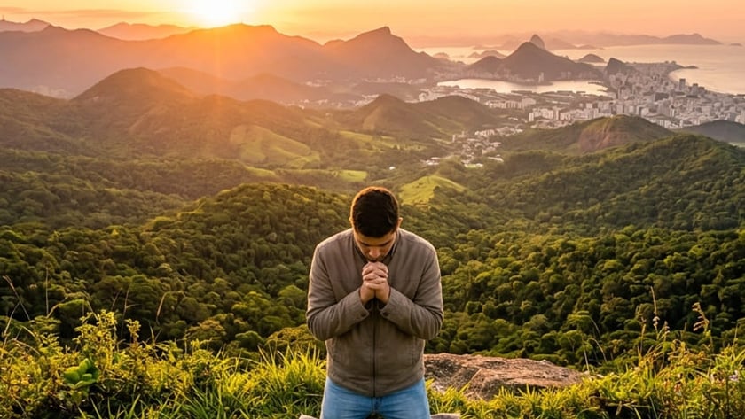 Homem ajoelhado de mãos juntas sobre uma manta, em um morro com vista para cidade e mar.