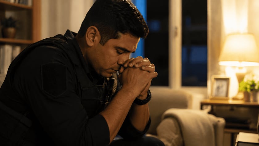 Homem de cabelo escuro, de olhos fechados e mãos postas junto ao rosto, sentado na sala.
