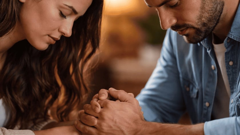 Mulher e homem de cabeça baixa, com as mãos unidas, ao lado de uma Bíblia aberta.