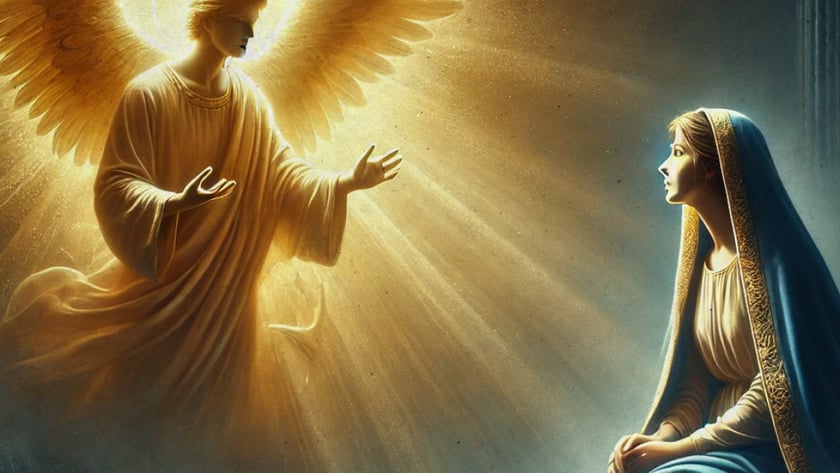 Anjo dourado de asas abertas estende as mãos a uma mulher de manto azul sentada.
