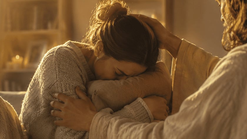Mulher de coque abraça uma almofada e baixa a cabeça, enquanto um homem de túnica toca sua cabeça.