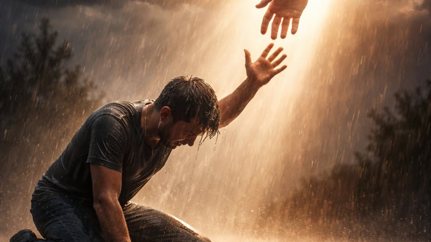 Homem ajoelhado na chuva estende a mão para outra mão que desce do céu.