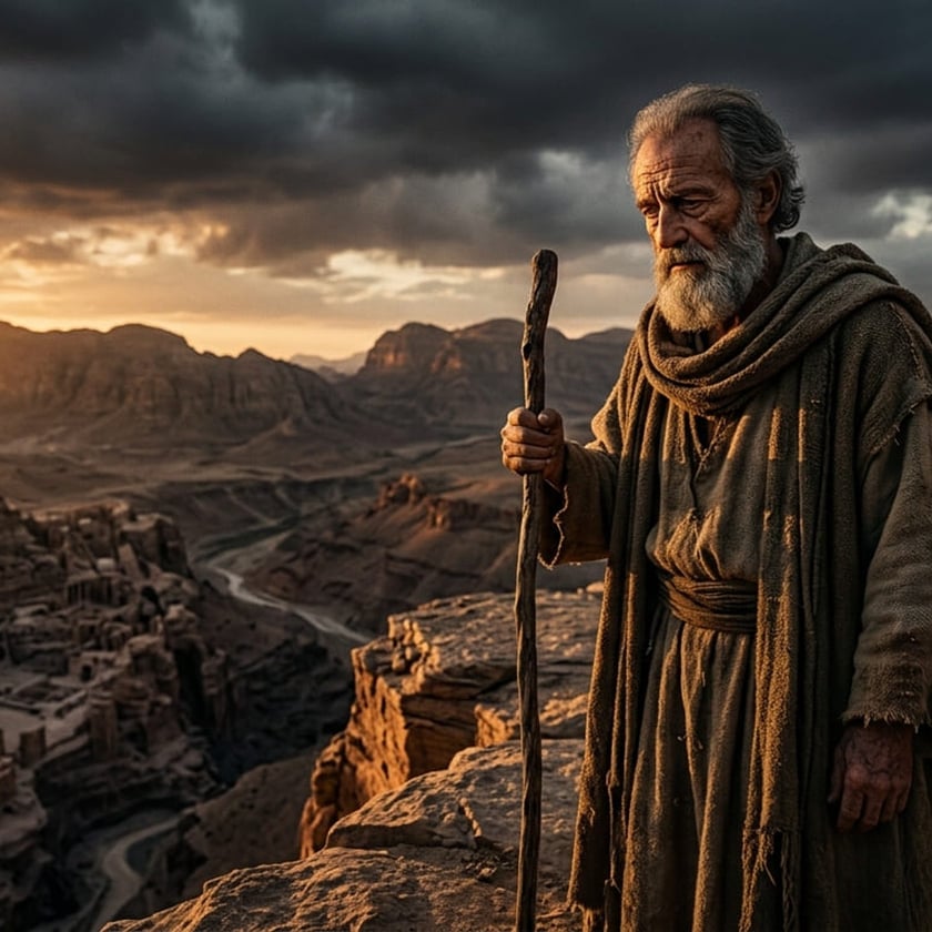 Mão segurando um cajado em penhasco, diante de ruínas escavadas na rocha no deserto ao pôr do sol.
