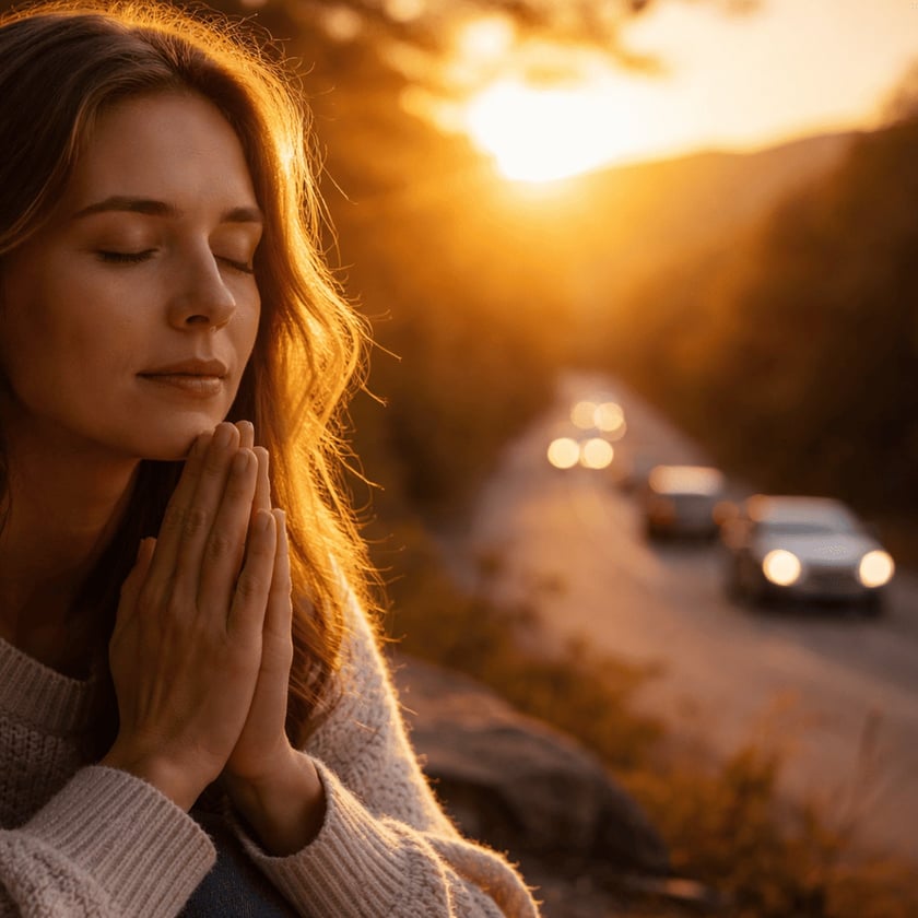 Mulher de olhos fechados e mãos juntas ao lado de uma estrada com carros.