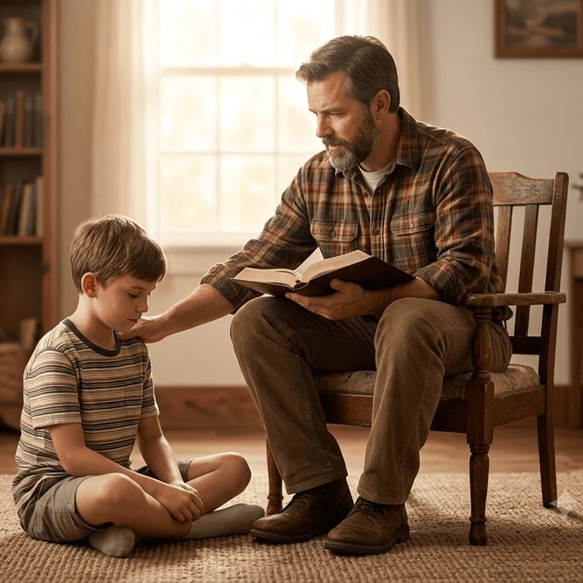 Homem barbado sentado em cadeira, com livro aberto, toca o ombro de um menino sentado no chão.