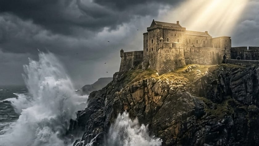 Fortaleza de pedra no alto de um penhasco rochoso, atingido por ondas enormes.