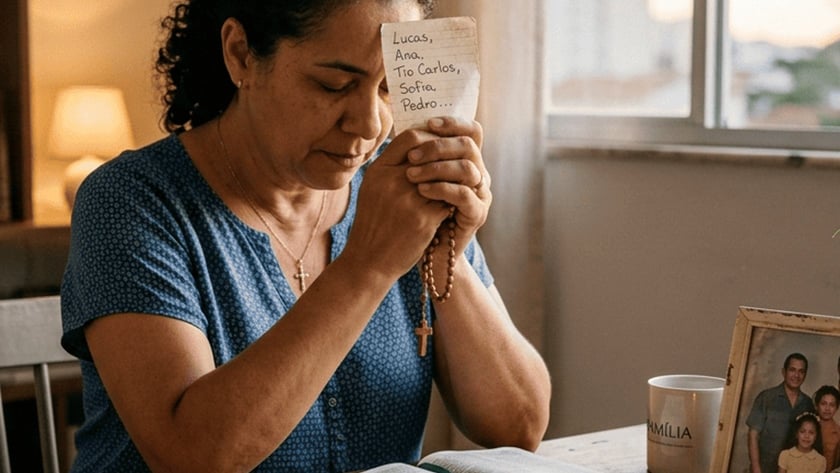 Mulher reza com terço e bilhete de nomes diante de uma Bíblia aberta.