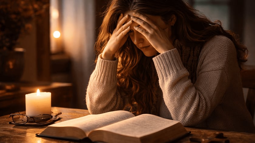 Mulher de cabelo longo e suéter claro cobre o rosto com as mãos diante de um livro aberto.
