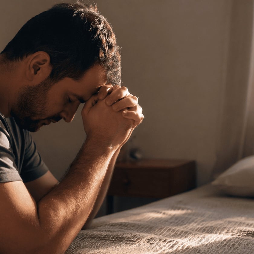 Homem de camiseta cinza, de olhos fechados e mãos postas na testa, ao lado de uma cama.