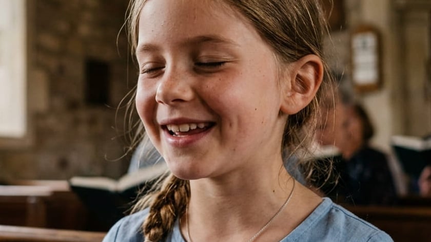 Menina de tranças sorri de olhos fechados, com um colar de cruz, sentada em um banco de igreja.