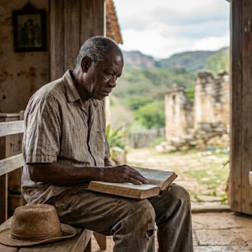 Homem idoso sentado em um banco lendo um livro numa varanda rústica