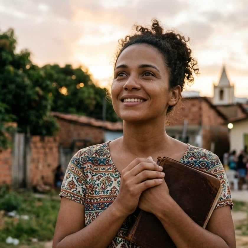 Mulher sorrindo olha para o alto, segurando um livro de capa marrom, em um bairro simples.