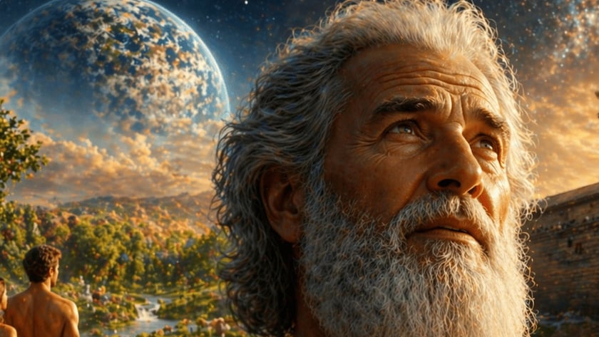 Homem idoso de barba branca olha para o céu, com uma grande arca e animais ao fundo.