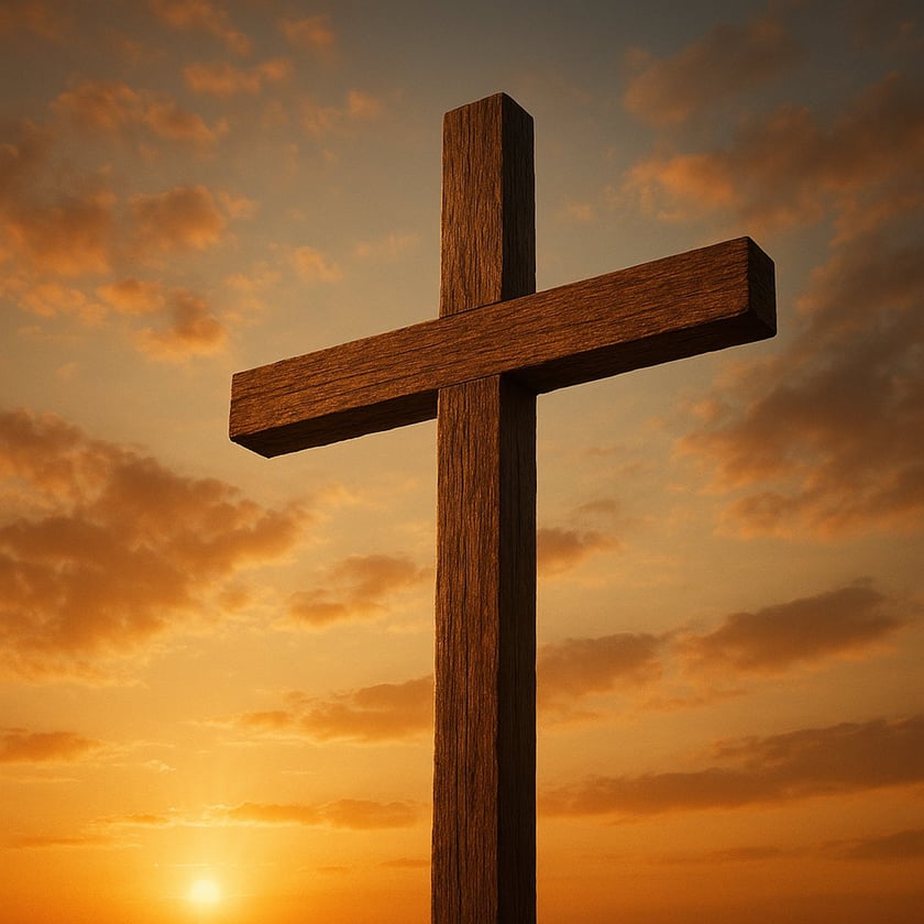 Cruz de madeira rústica contra o céu alaranjado com nuvens e o sol baixo.